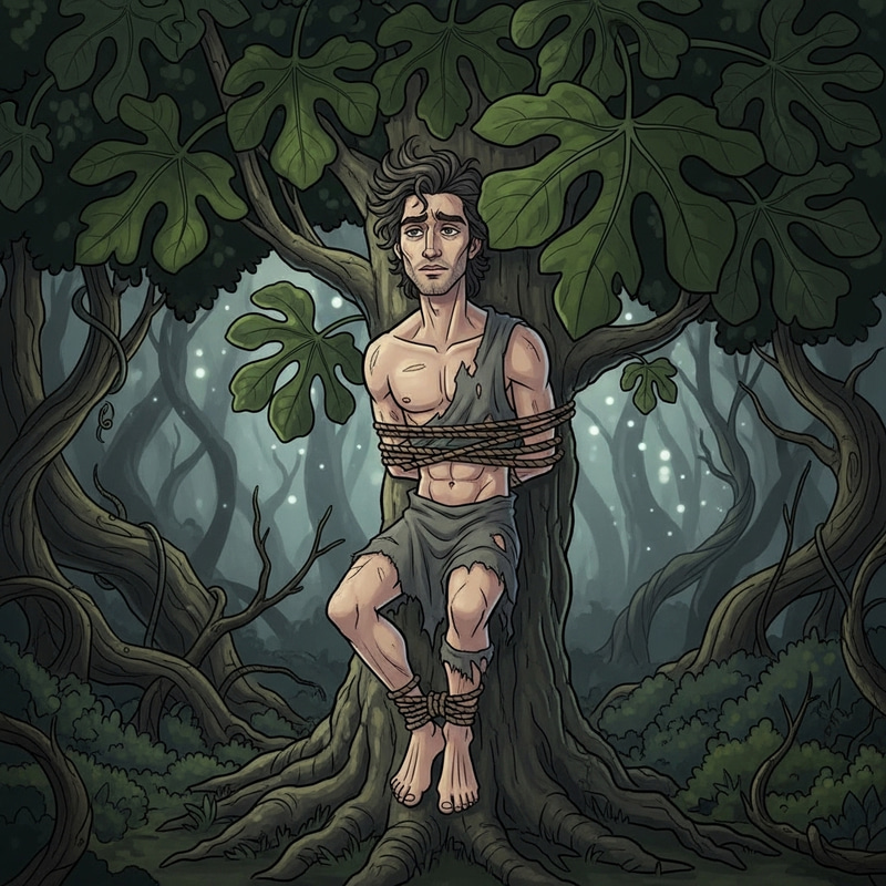 Cartoonish Depiction of Florante Tied to Fig Tree in Enigmatic Forest Cartoonish Depiction of Florante Tied to Fig Tree in Enigmatic Forest