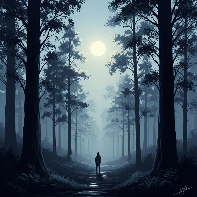 Ethereal Moonlit Forest Scene with Mysterious Figure Ethereal Moonlit Forest Scene with Mysterious Figure