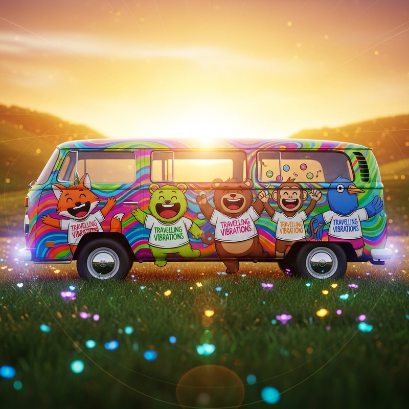 Vibrant Cartoon Van with Happy Characters Vibrant Cartoon Van with Happy Characters
