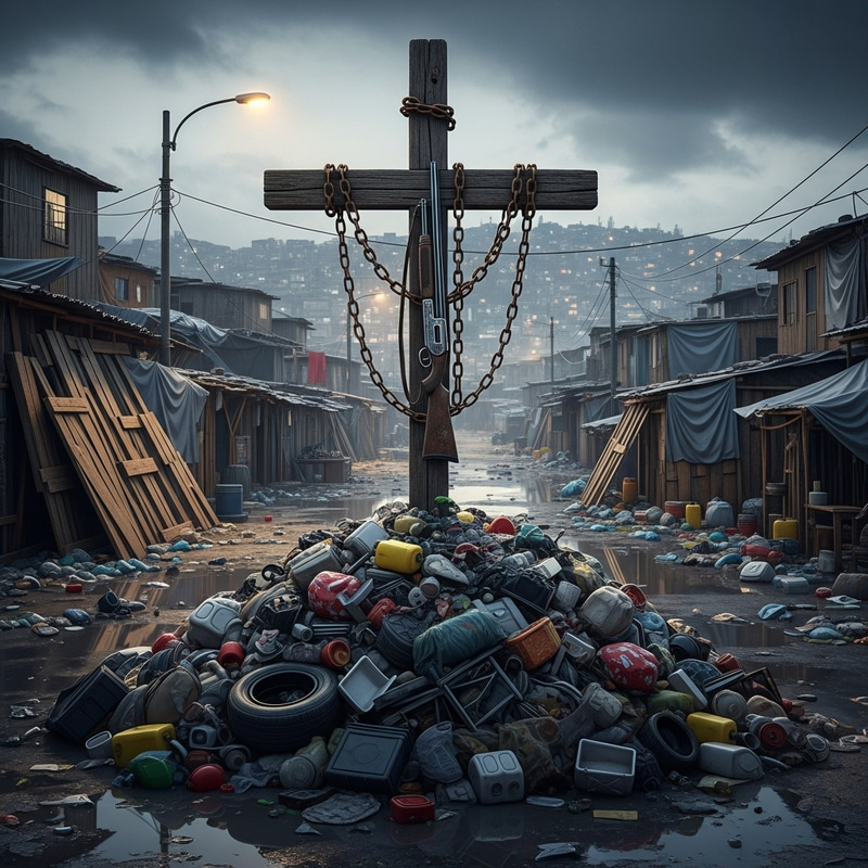 Massive Wooden Cross with Chains and Shotgun in Slum Massive Wooden Cross with Chains and Shotgun in Slum