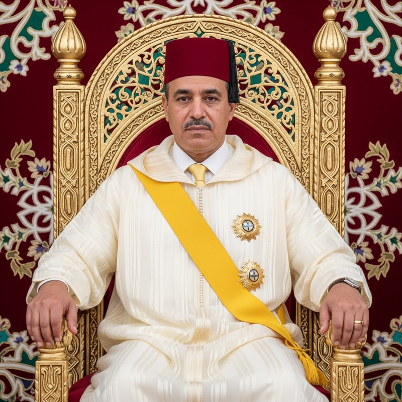 King of Morocco in Regal Throne with Traditional Attire