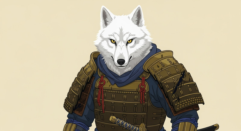 Majestic White Wolf Samurai Ready for Battle | Unique Artwork