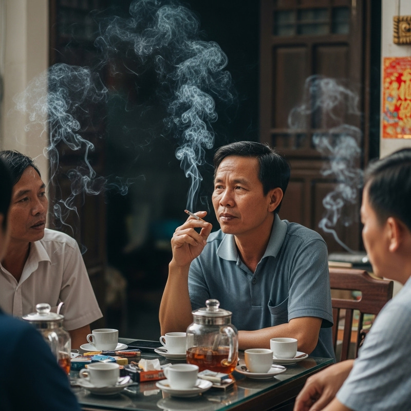 Vietnamese Man Enjoying Smoke and Conversations with Friends Vietnamese Man Enjoying Smoke and Conversations with Friends