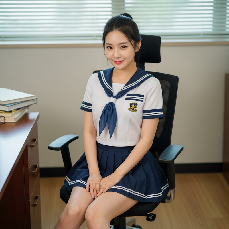 Pretty Korean Girl in Sailor Mini Skirt Sitting on Office Chair Pretty Korean Girl in Sailor Mini Skirt Sitting on Office Chair