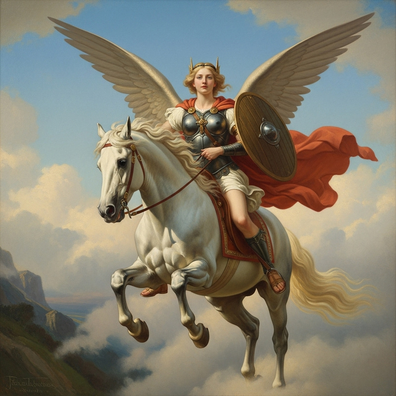 Ethereal Valkyrie Riding Her White Horse Above Clouds - Oil Painting Masterpiece Ethereal Valkyrie Riding Her White Horse Above Clouds - Oil Painting Masterpiece