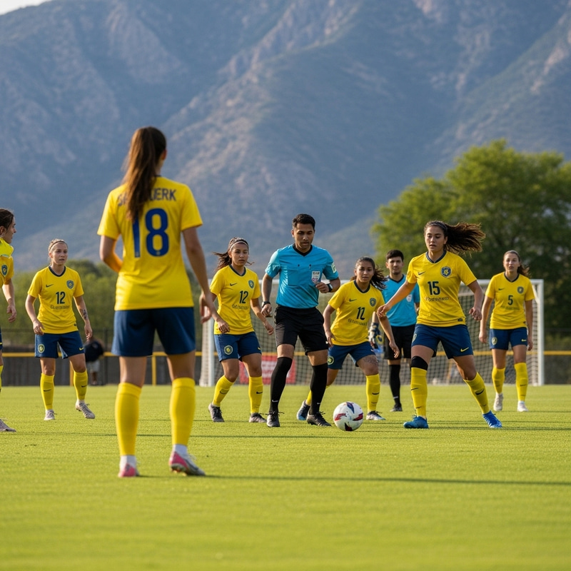 Yellow Jersey Football Match on Green Field with Mountain View