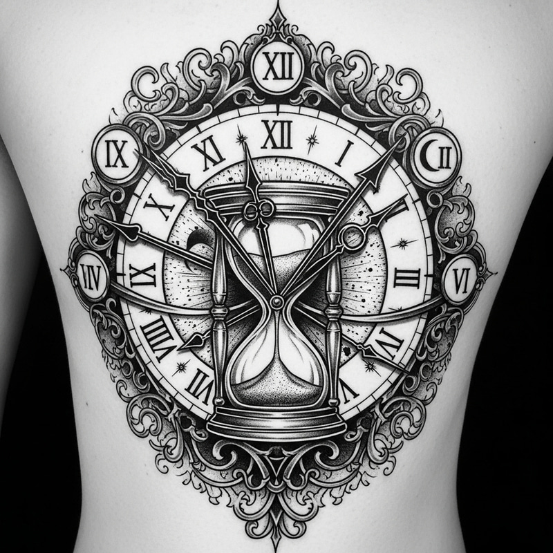 Time Tattoo Design - Monochrome Hourglass & Roman Numerals Time Tattoo Design - Monochrome Hourglass & Roman Numerals