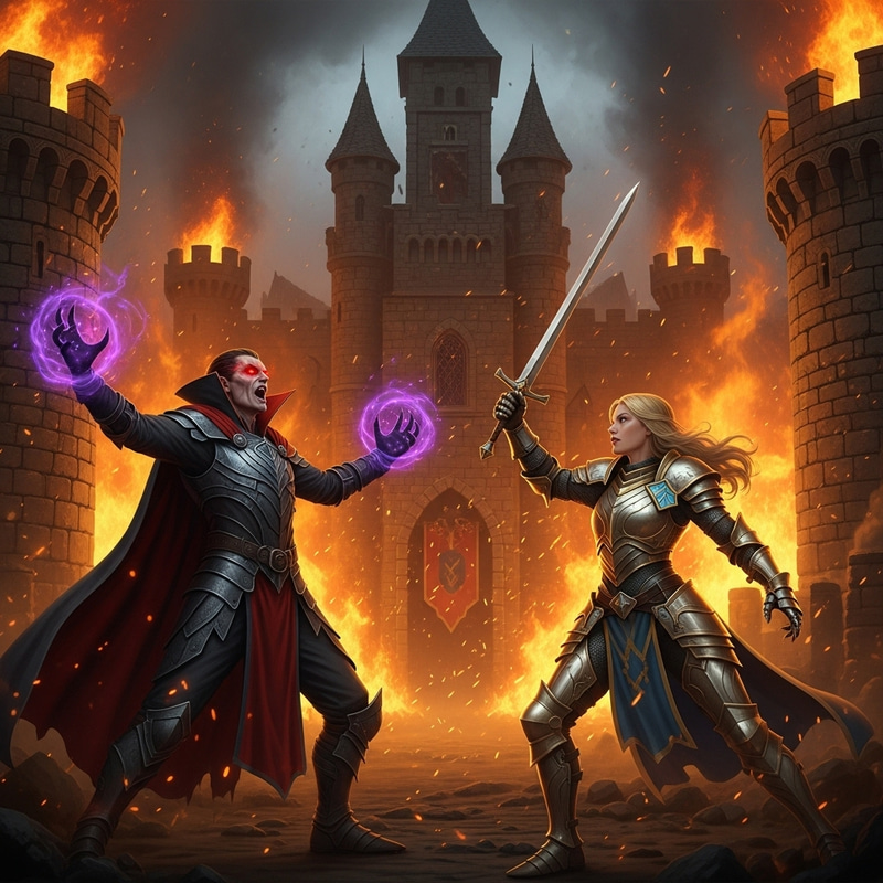 Epic Battle: Vampire Mage vs Paladin in Flaming Medieval Castle