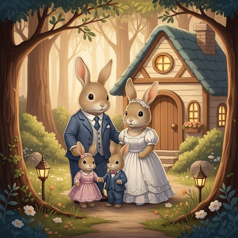 Charming Rabbit Family in Cozy Forest Home | Elegant Formal Attire