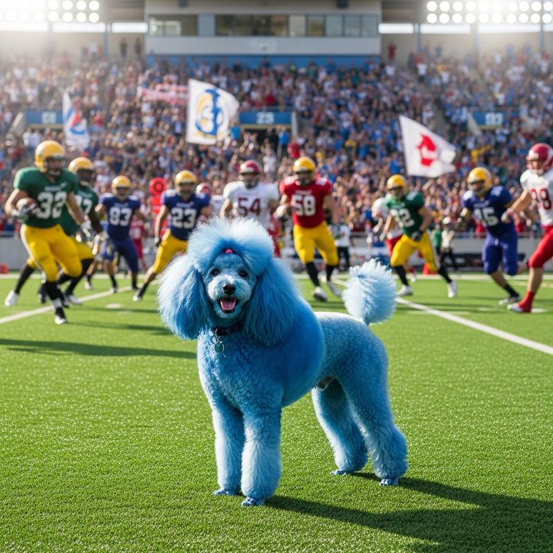 Vibrant Blue Poodle Strutting on Green Football Field Vibrant Blue Poodle Strutting on Green Football Field