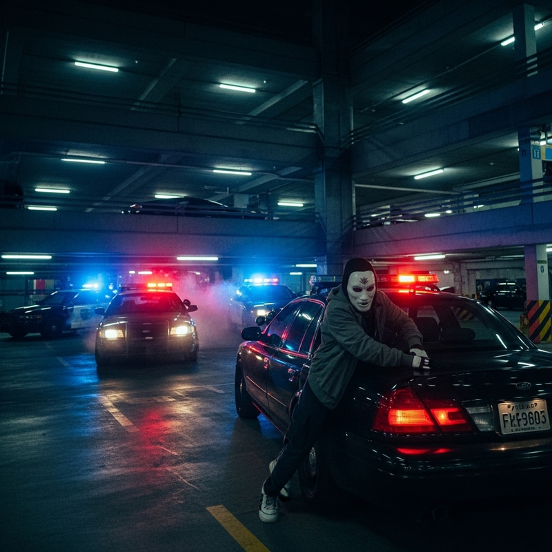 Mysterious Masked Man Leads Police Chase in Night Carpark Drama Mysterious Masked Man Leads Police Chase in Night Carpark Drama