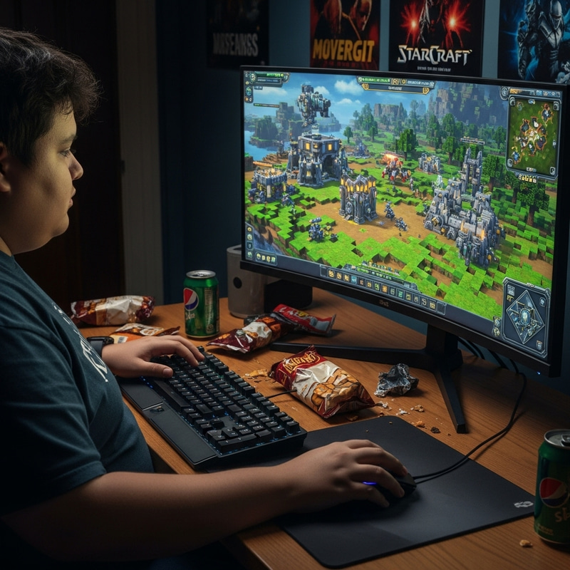 Overweight Individual Playing Minecraft-Starcraft Game on PC