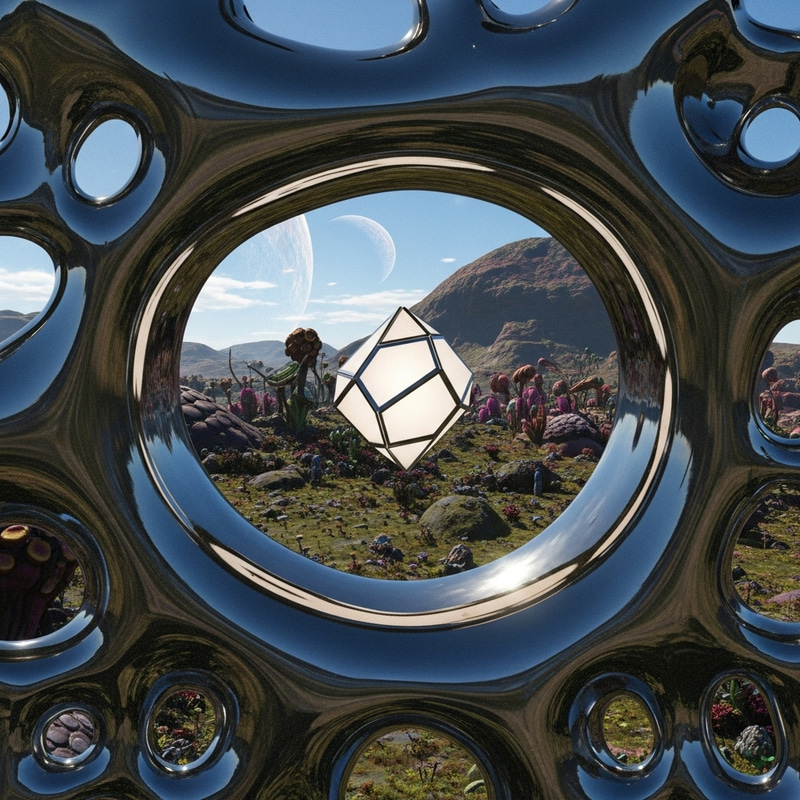 Alien Landscape Reflection: Mesmerizing Metallic Structure and Geometric Glow Alien Landscape Reflection: Mesmerizing Metallic Structure and Geometric Glow