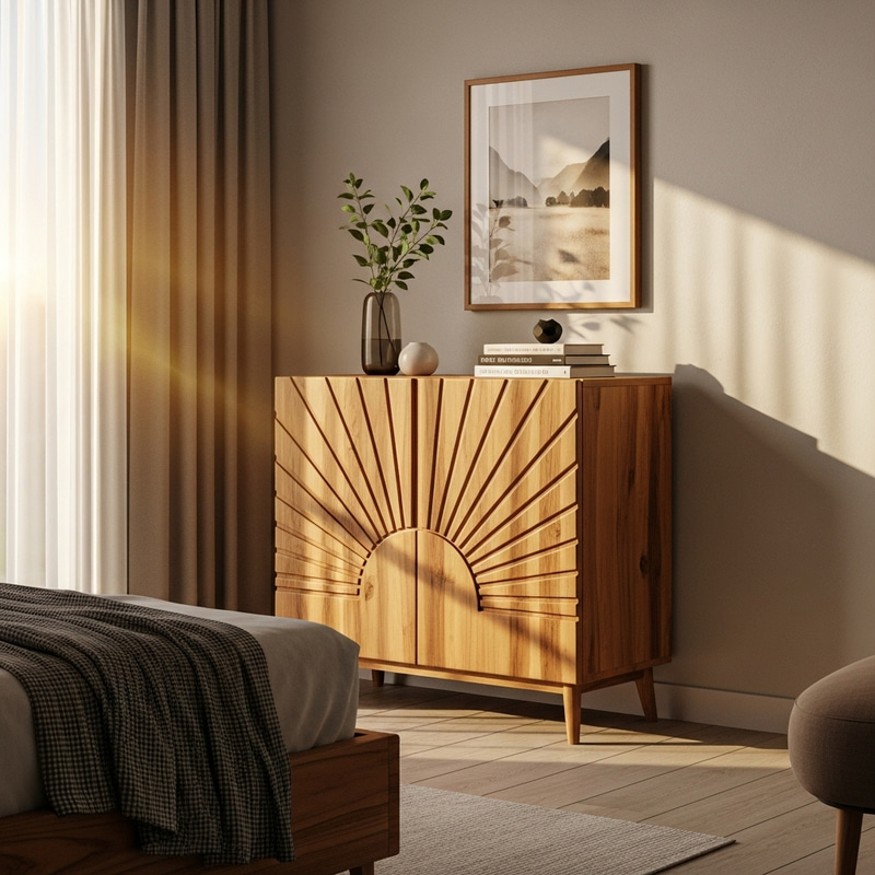 Sun-Inspired Teak Wood Cabinet Furniture for Serene Bedroom Decor Sun-Inspired Teak Wood Cabinet Furniture for Serene Bedroom Decor