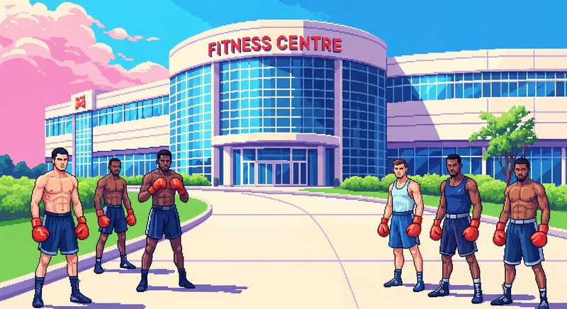 Modern 8-Bit Fitness Center with Red Boxers | Gym Training Scene Modern 8-Bit Fitness Center with Red Boxers | Gym Training Scene