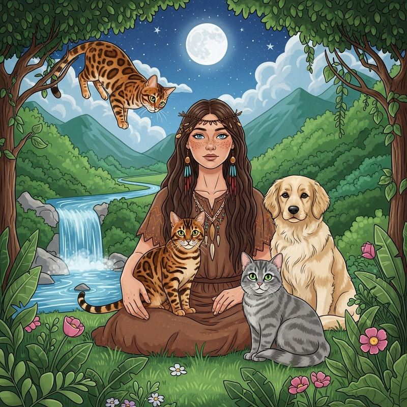 Mystical Bengal Cat Observing Shaman Woman in Nature Scene Mystical Bengal Cat Observing Shaman Woman in Nature Scene