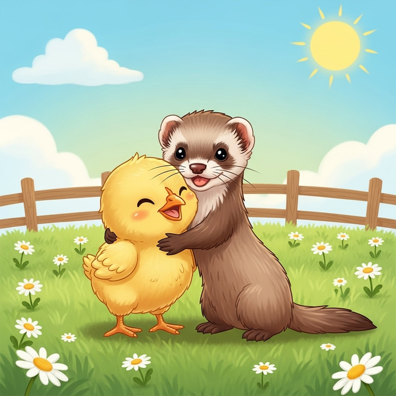 Heartwarming Chick and Ferret Friendship in a Grassy Field Heartwarming Chick and Ferret Friendship in a Grassy Field