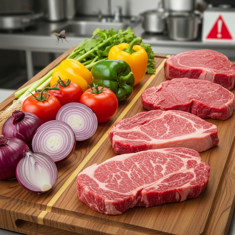 Cross Contamination Risks in Kitchen: Meat and Vegetables on Same Cutting Board