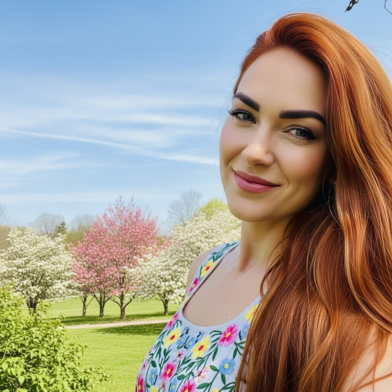 Captivating Copper-Colored Hair Woman with Serene Smile Captivating Copper-Colored Hair Woman with Serene Smile