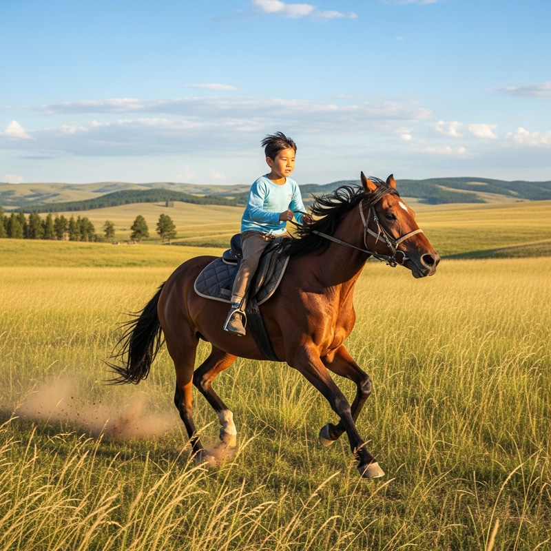 Asian Boy Riding Horse Galloping on Grassland Asian Boy Riding Horse Galloping on Grassland