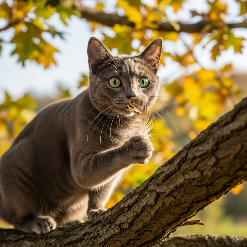 Sleek Gray Domestic Cat Playing with Feather Sleek Gray Domestic Cat Playing with Feather