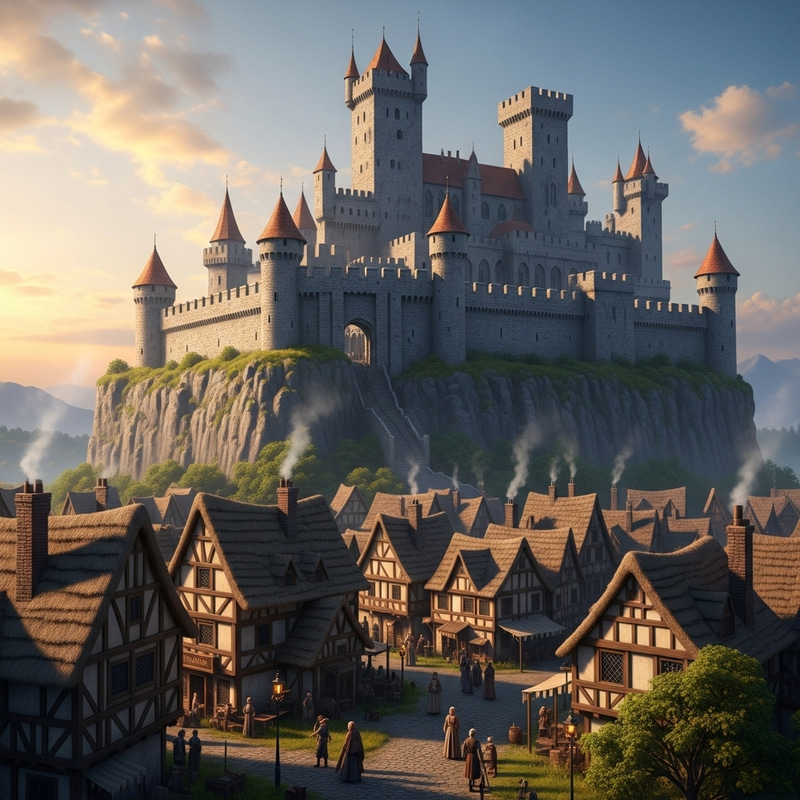 Medieval Castle on Cliff Overlooking Town - Enchanting View Medieval Castle on Cliff Overlooking Town - Enchanting View