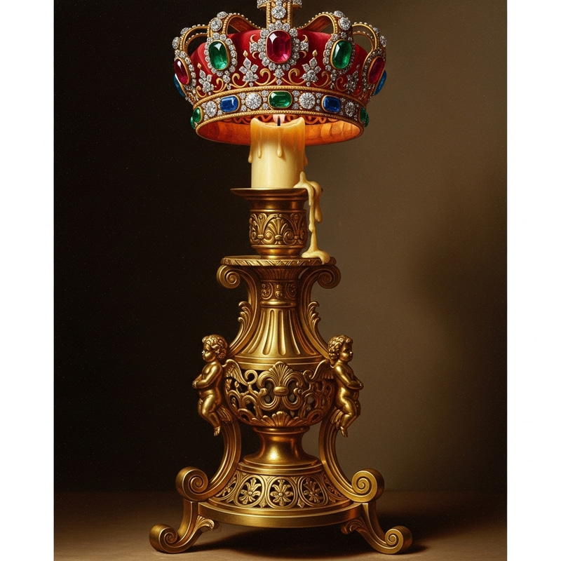 Vintage Candlestick with Crown - Majestic Oil Painting Vintage Candlestick with Crown - Majestic Oil Painting