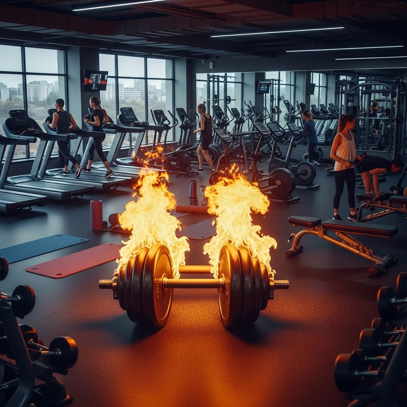 Surreal Gym Scene with Flaming Dumbbells