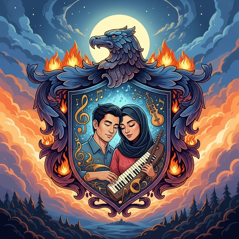 Grand Nature-Themed Coat of Arms with Musical & Fire Elements Grand Nature-Themed Coat of Arms with Musical & Fire Elements