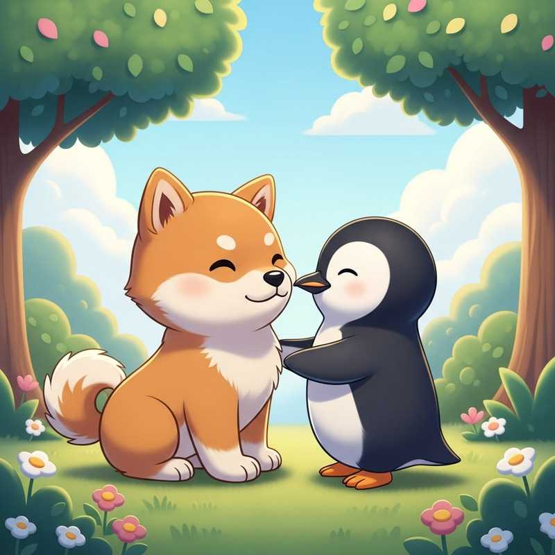 Cute Shiba Inu and Penguin Love Cartoon Cute Shiba Inu and Penguin Love Cartoon