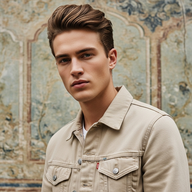 Stylish Caucasian Male Model in Beige Denim Jacket | Traditionally-Styled French Wall