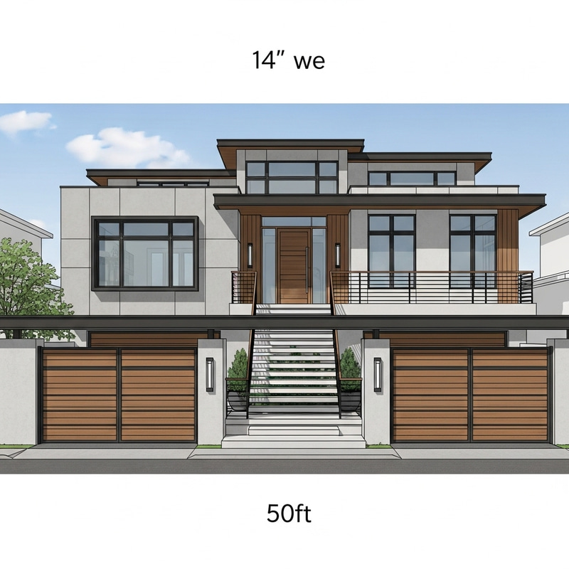 Modern House Elevation with Grand Gate and Staircase | 14x50 ft. Modern House Elevation with Grand Gate and Staircase | 14x50 ft.