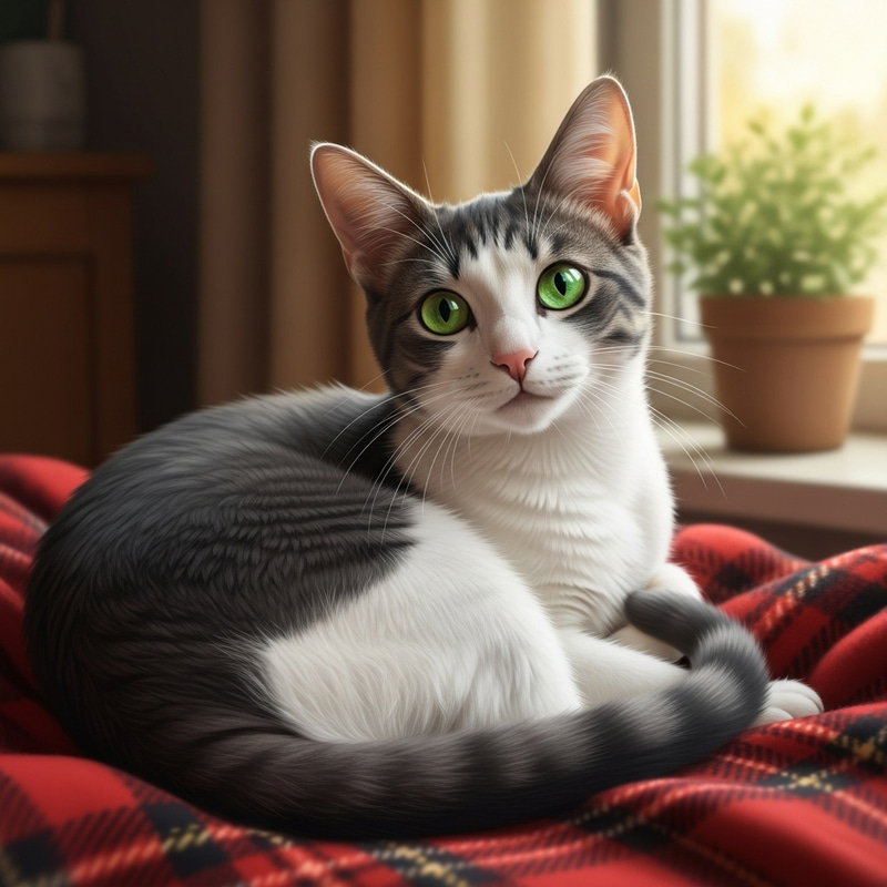 Adorable Gray and White Cat Resting on Plaid Blanket Adorable Gray and White Cat Resting on Plaid Blanket