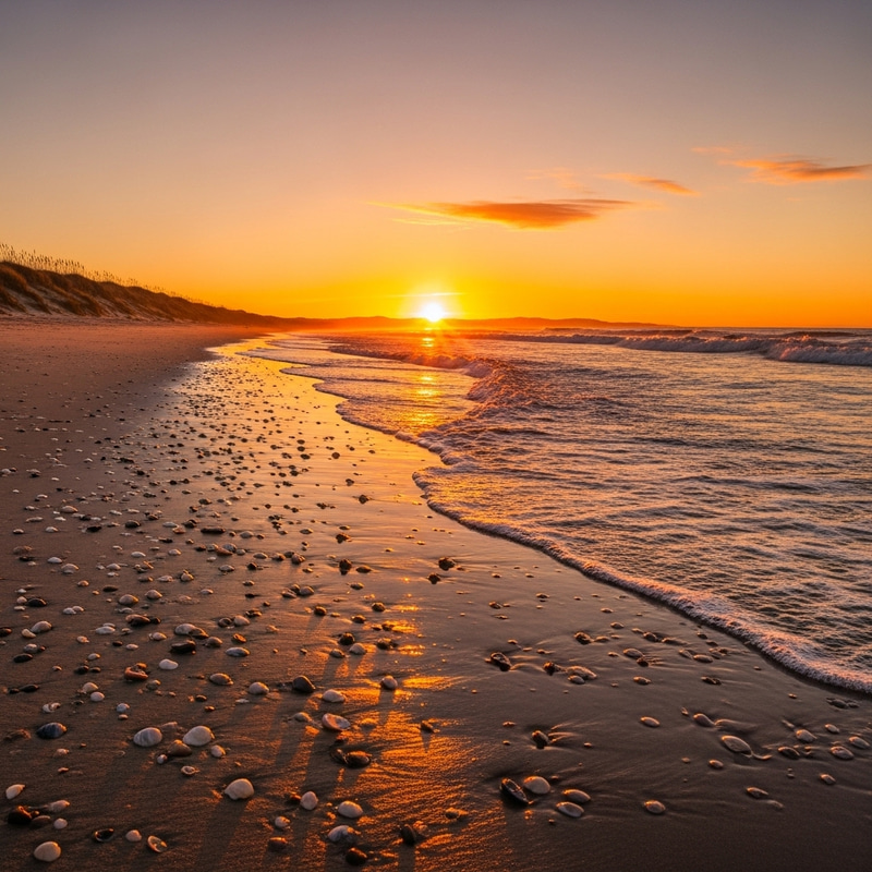 Tranquil Sunset Beach Scene with Golden Hues, Gentle Waves, and Nature's Beauty Tranquil Sunset Beach Scene with Golden Hues, Gentle Waves, and Nature's Beauty