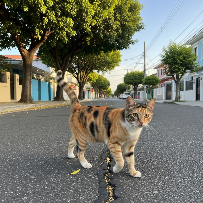 Adorable Cat Strolling Down the Street at Sunset Adorable Cat Strolling Down the Street at Sunset