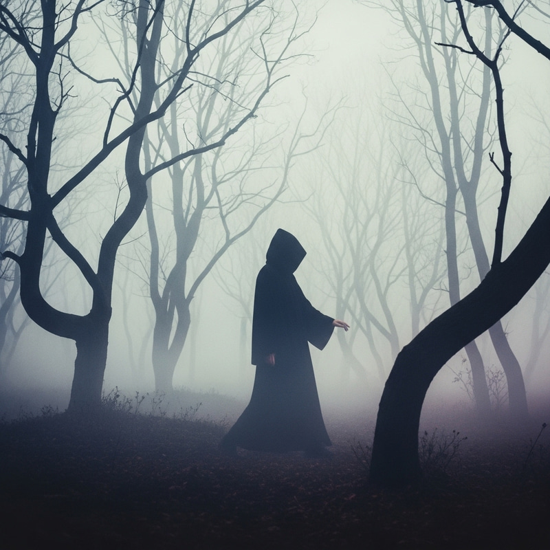 Mysterious Figure Moving Gracefully Through Dreamlike Forest
