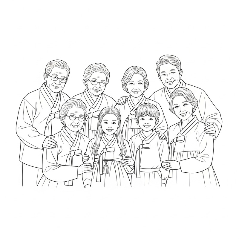 Korean Family Line Sketch: Bonds of Love