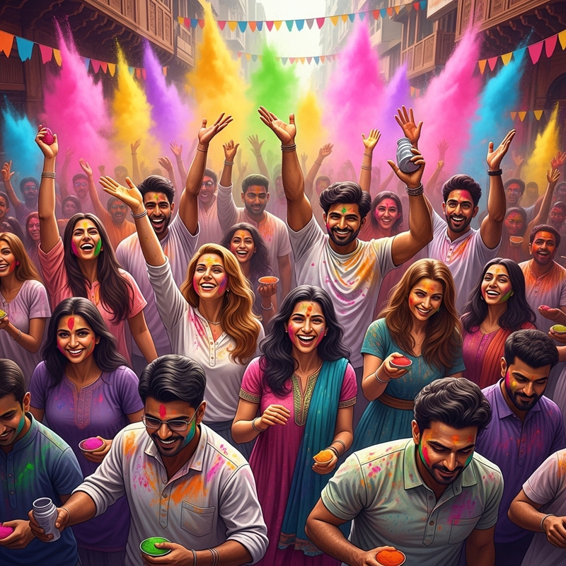 Vibrant Holi Festival Street Scene in India: Joyful Celebration Vibrant Holi Festival Street Scene in India: Joyful Celebration