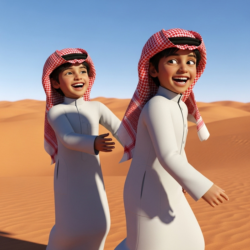 Saudi Little Boys - Realistic 3D Render in Desert Saudi Little Boys - Realistic 3D Render in Desert