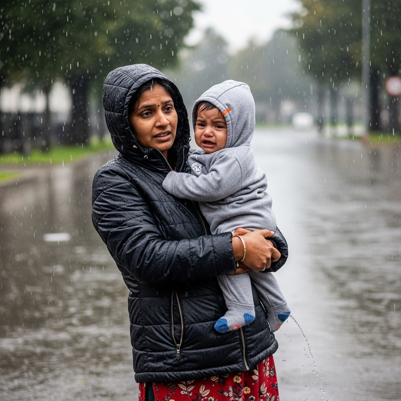 Mother Calmly Comforting Crying Baby Under Rain | Heartfelt Moment Mother Calmly Comforting Crying Baby Under Rain | Heartfelt Moment