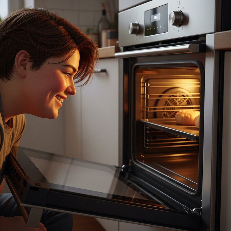 Joyful Chubby Man with Brown Hair Sitting by Oven Joyful Chubby Man with Brown Hair Sitting by Oven