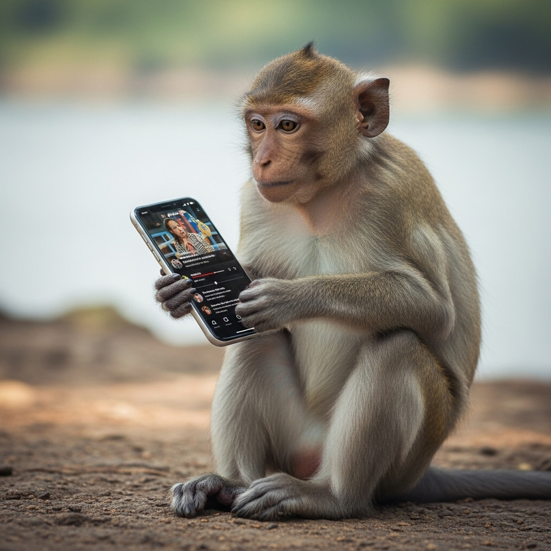 Curious Monkey Enjoying TikTok Video