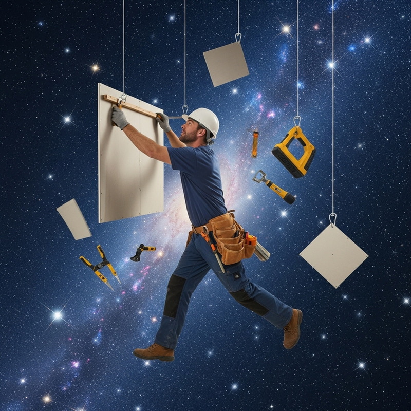 Starry Night Sky Construction: Man Mounting Drywall Starry Night Sky Construction: Man Mounting Drywall
