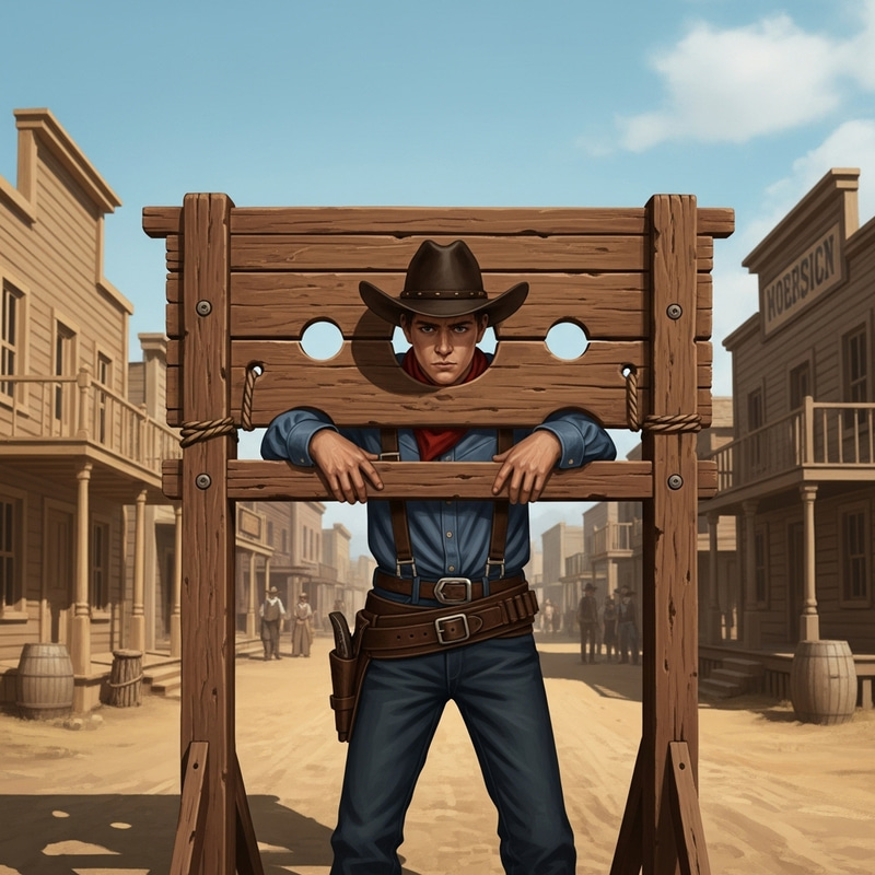 Young Cowboy Trapped in Pillory - Evocative Western Illustration Young Cowboy Trapped in Pillory - Evocative Western Illustration