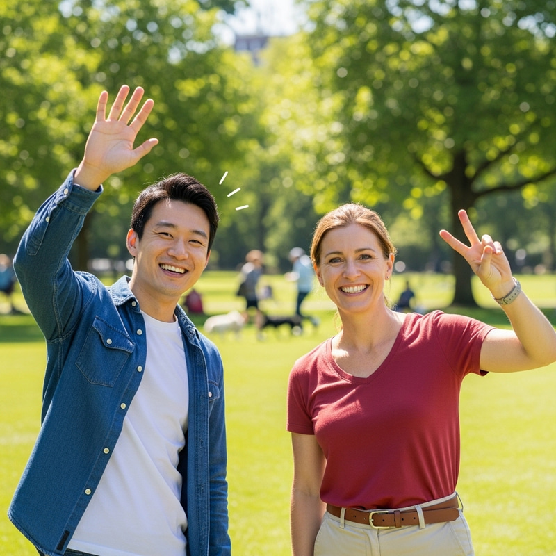 Friendly Greetings in a Sunny Park Setting Friendly Greetings in a Sunny Park Setting