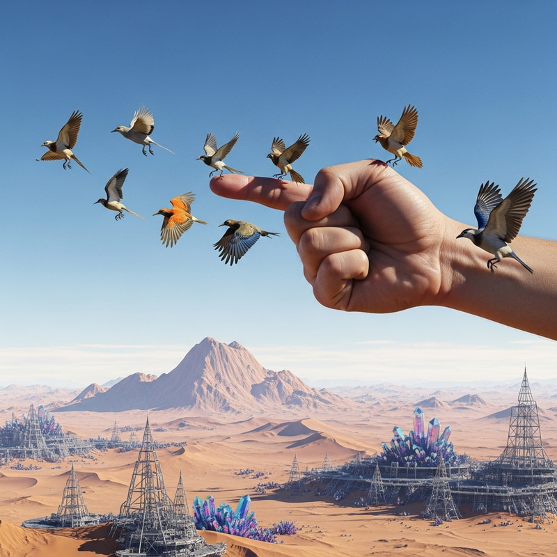 Evolving Birds: Hand to Flight In Futuristic Sky Evolving Birds: Hand to Flight In Futuristic Sky