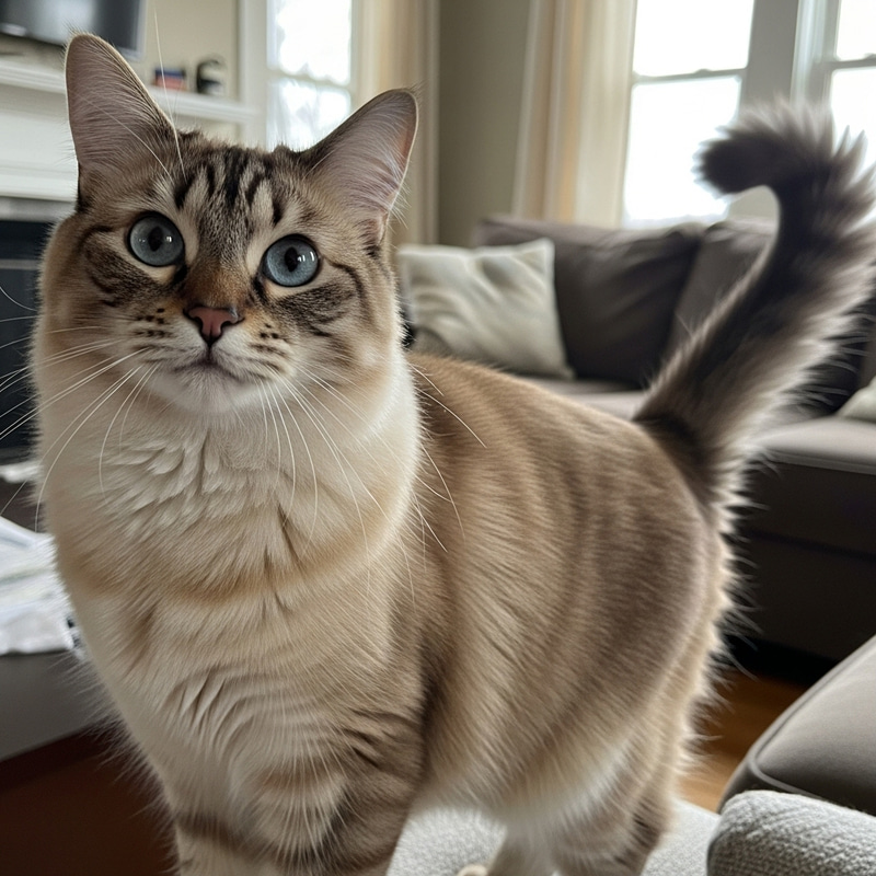 Detailed Image of a Tawny Domestic Cat with Striking Blue Eyes