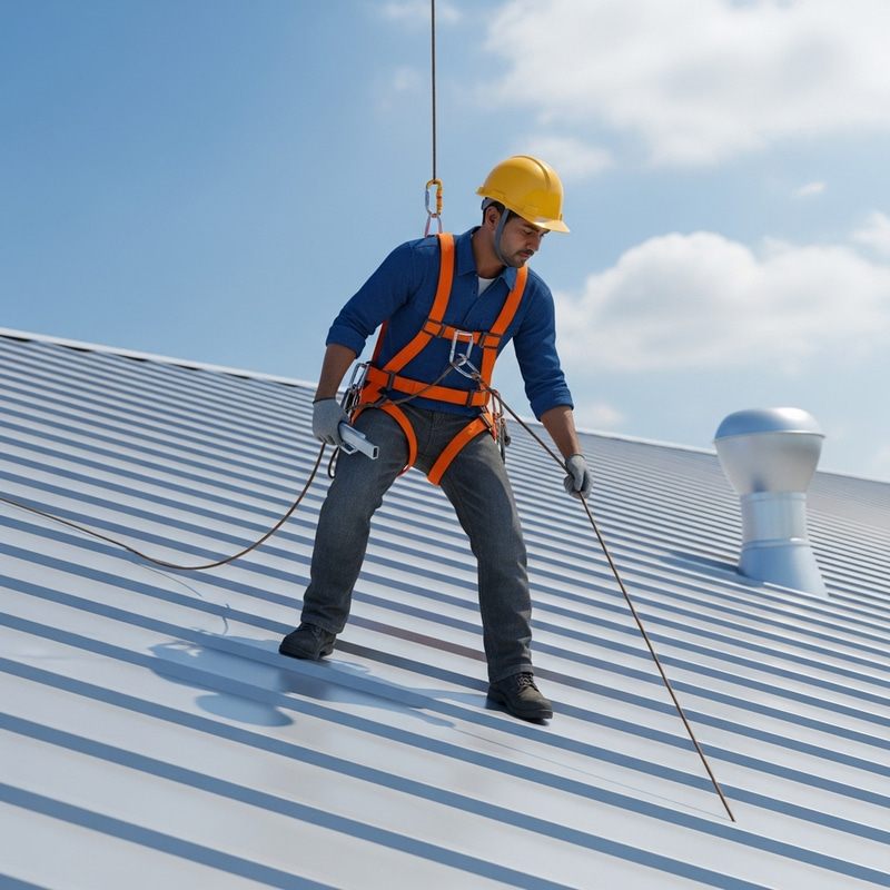 Metal Roof Worker in Safety Harness with Lifeline | Stunning 3D Illustration Metal Roof Worker in Safety Harness with Lifeline | Stunning 3D Illustration