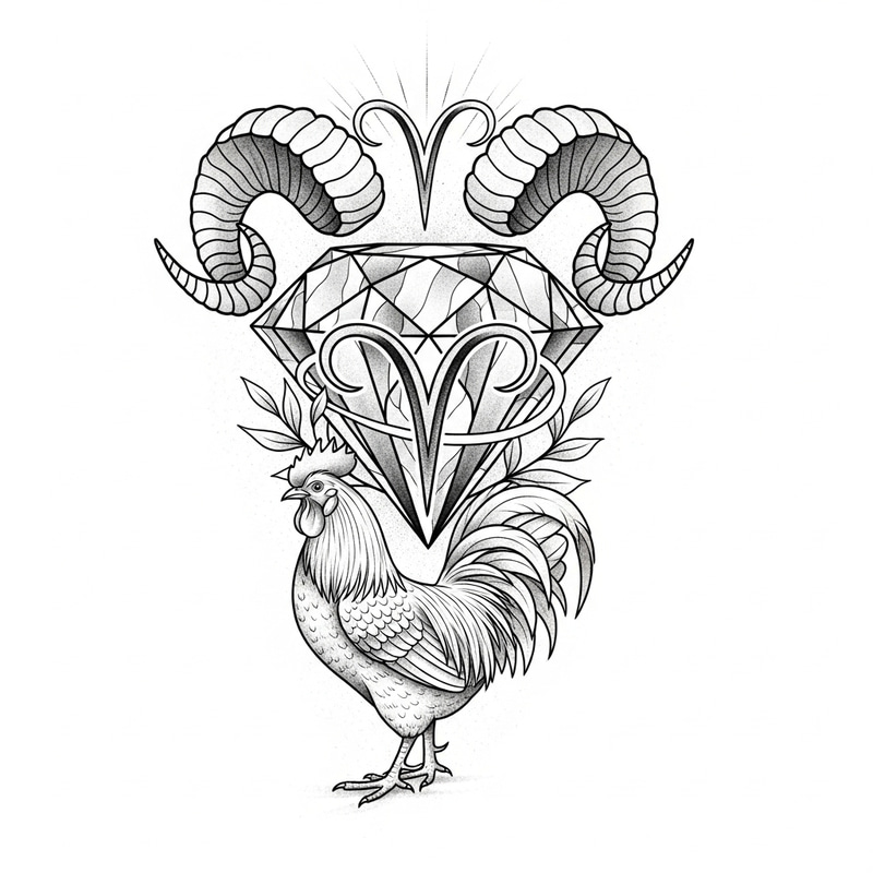 Intricate Diamond Aries Roaster Tattoo Design for Power & Warmth | Tattoo Intricate Diamond Aries Roaster Tattoo Design for Power & Warmth | Tattoo