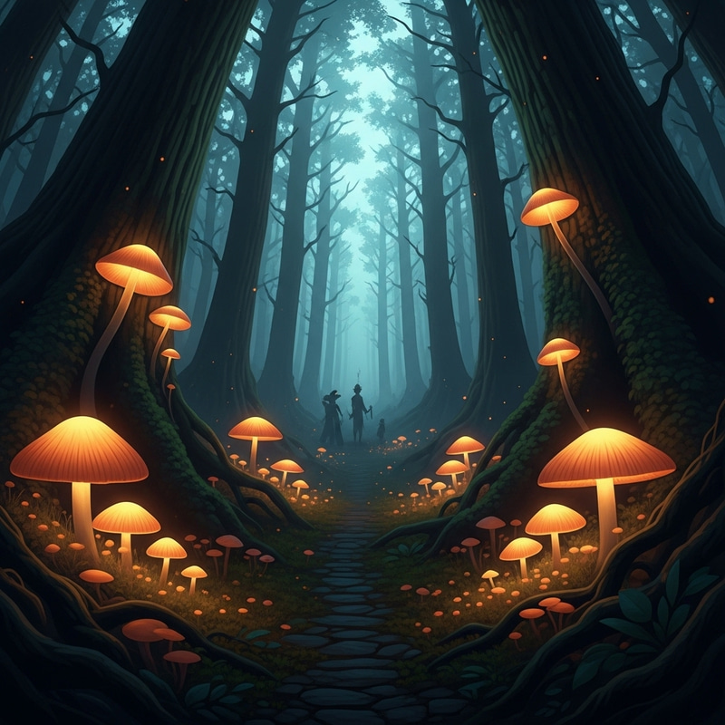 Dreamlike Mystical Forest: Glowing Mushrooms, Hidden Pathway Dreamlike Mystical Forest: Glowing Mushrooms, Hidden Pathway